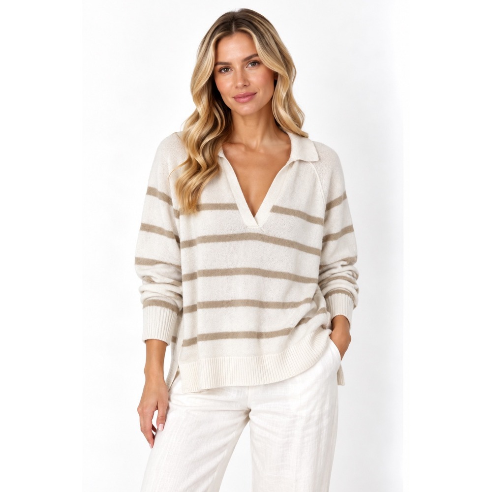 Aerie Striped Polo Sweater Women Small Cream Tan Excellent V-Neck Knit Pullover
